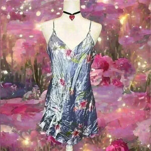 Y2K 90s Sand Blue Floral Satin Midi Slip Dress By LA Intimates